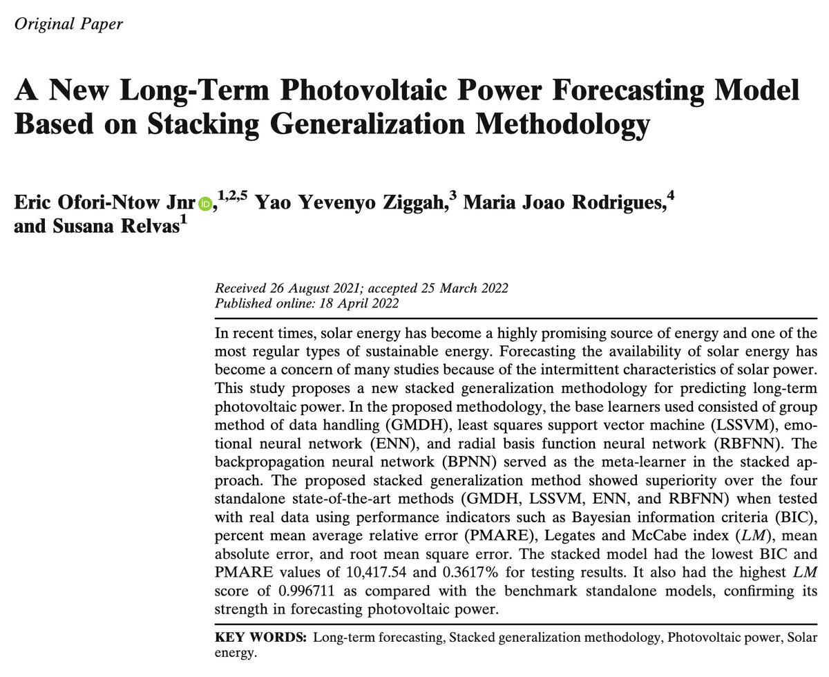 New work from <a href="/EricOforiNtowJ1/">Eric Ofori-Ntow Jnr</a>, Yao Ziggah, Mª João Rodrigues and @RelvasSusana, presents a novel Stacking Generalization Methodology for long-term Photovoltaic power(PV) forecasting. Being an effective tool for forecasting PV power using data from Africa. link.springer.com/article/10.100…