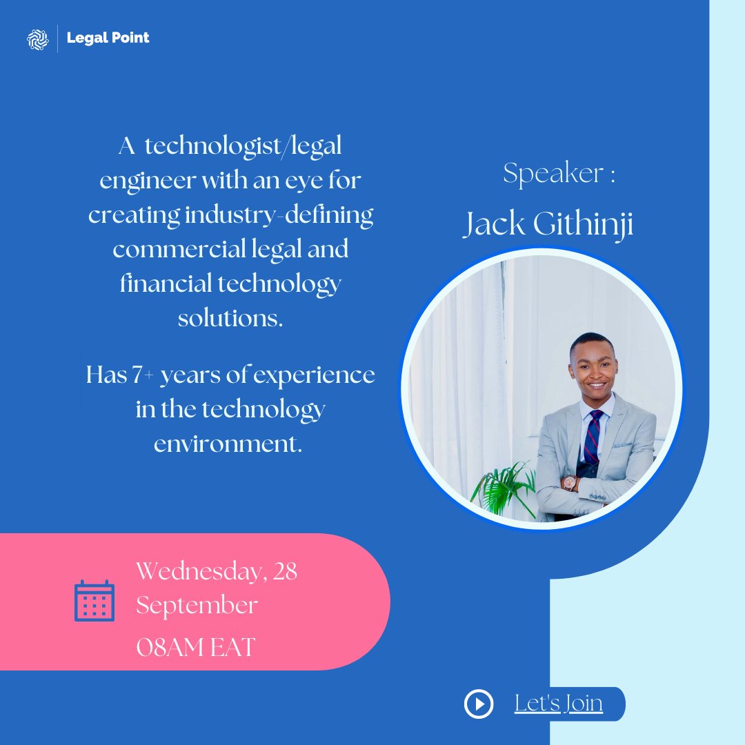 LegalTechKenya's tweet photo. This is happening tonight at 8:00pm EAT, join to learn more about Jack Githinji and his expertise within the legaltech space. Click here to join
https://t.co/Q1uyG4hW0Z
#legaltechkenya #legalpointservices #legaltech #legaltechwebinar #legaltechstartups https://t.co/aGltUnznWM