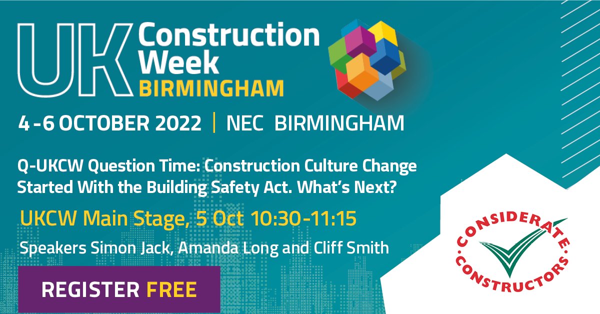 Considerate Constructors Scheme (@ccscheme) on Twitter photo Our Chief Executive, Amanda Long, will be speaking next week on the 5 October at <a href="/UK_CW/">UK Construction Week</a>’s keynote session – “Construction Culture Change Started with the Building Safety Act. What's Next?”.
Book your tickets to #ukcw2022 now – ukconstructionweek.com Our Chief Executive, Amanda Long, will be speaking next week on the 5 October at <a href="/UK_CW/">UK Construction Week</a>’s keynote session – “Construction Culture Change Started with the Building Safety Act. What's Next?”.
Book your tickets to #ukcw2022 now – ukconstructionweek.com