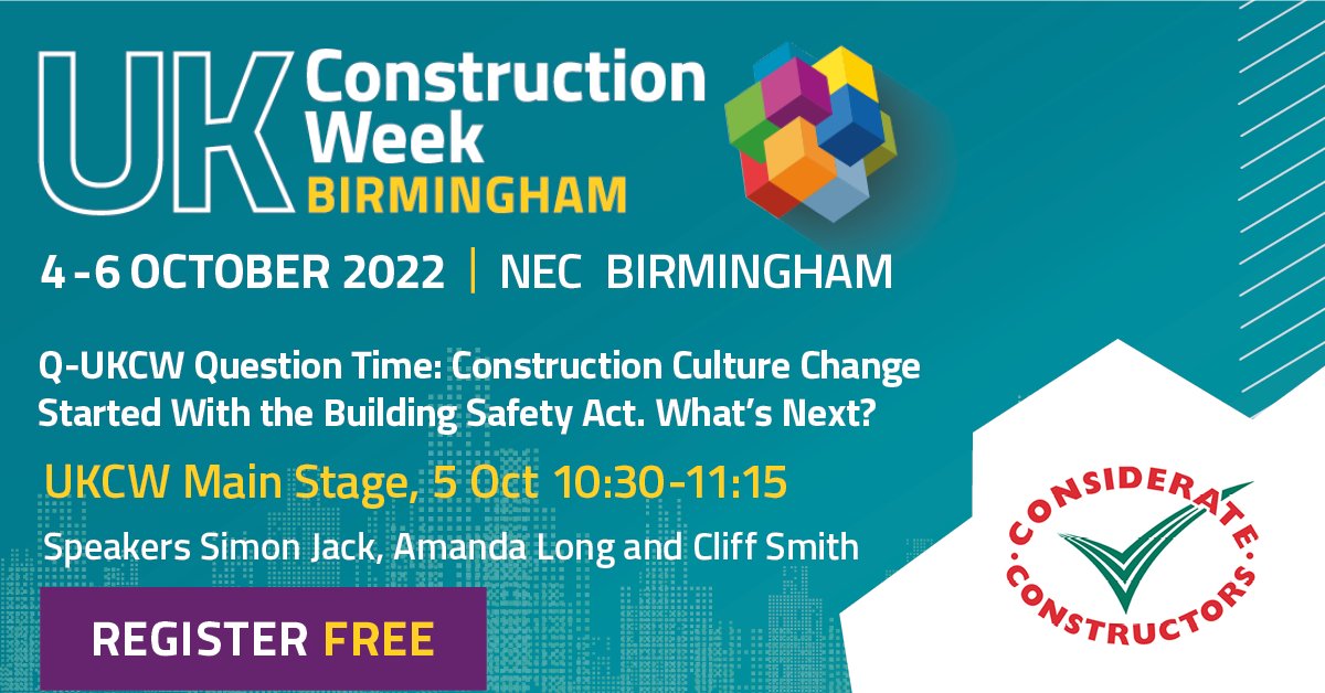 Our Chief Executive, Amanda Long, will be speaking next week on the 5 October at @UK_CW’s keynote session – “Construction Culture Change Started with the Building Safety Act. What's Next?”. Book your tickets to #ukcw2022 now – ukconstructionweek.com