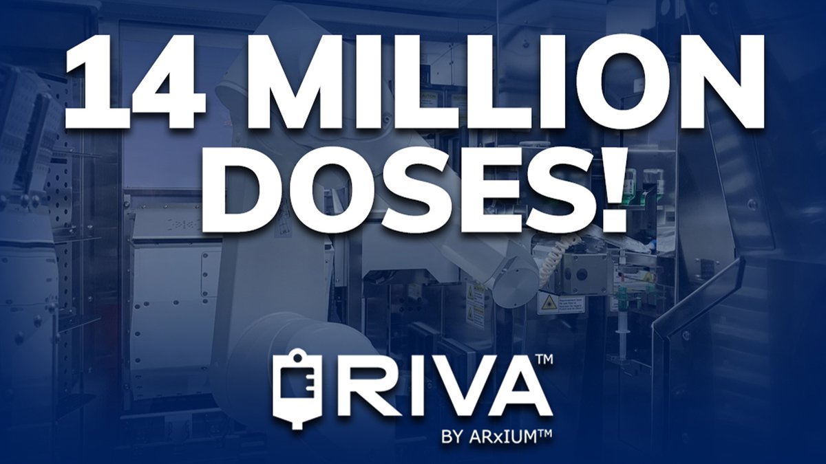 ARxIUMGroup's tweet photo. RIVA Surpasses 14 Million Dose Milestone!

 ARxIUM is proud to announce that RIVA systems have accurately and safely prepared more than 14 million IV doses across all installations. This significant milestone represents the ongoing great work being done by our fantastic Partners! https://t.co/fFEv1nN0pT