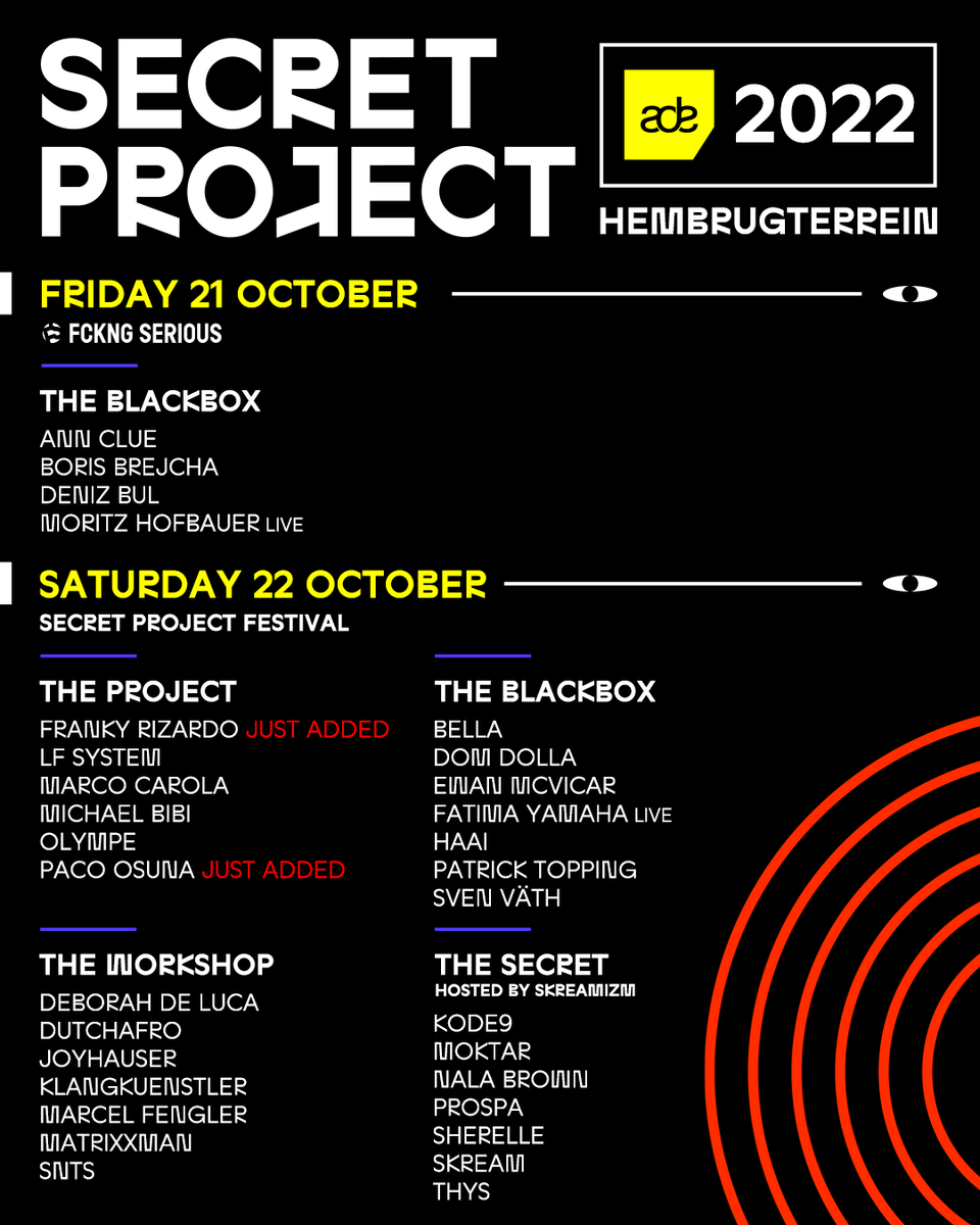 secretprojfest's tweet photo. . @ADE_NL is coming quick and this year, we've got 2 parties for you: the FCKNG Serious (@Label_Artists) takeover on 21/10 and #SecretProjectADE Festival on 22/10!
PLUS, we just added @Paco_Osuna & @FrankyRizardo to the lineup for Saturday!
Tickets: https://t.co/MrgXBgpGcS https://t.co/ufQKv3FVCo
