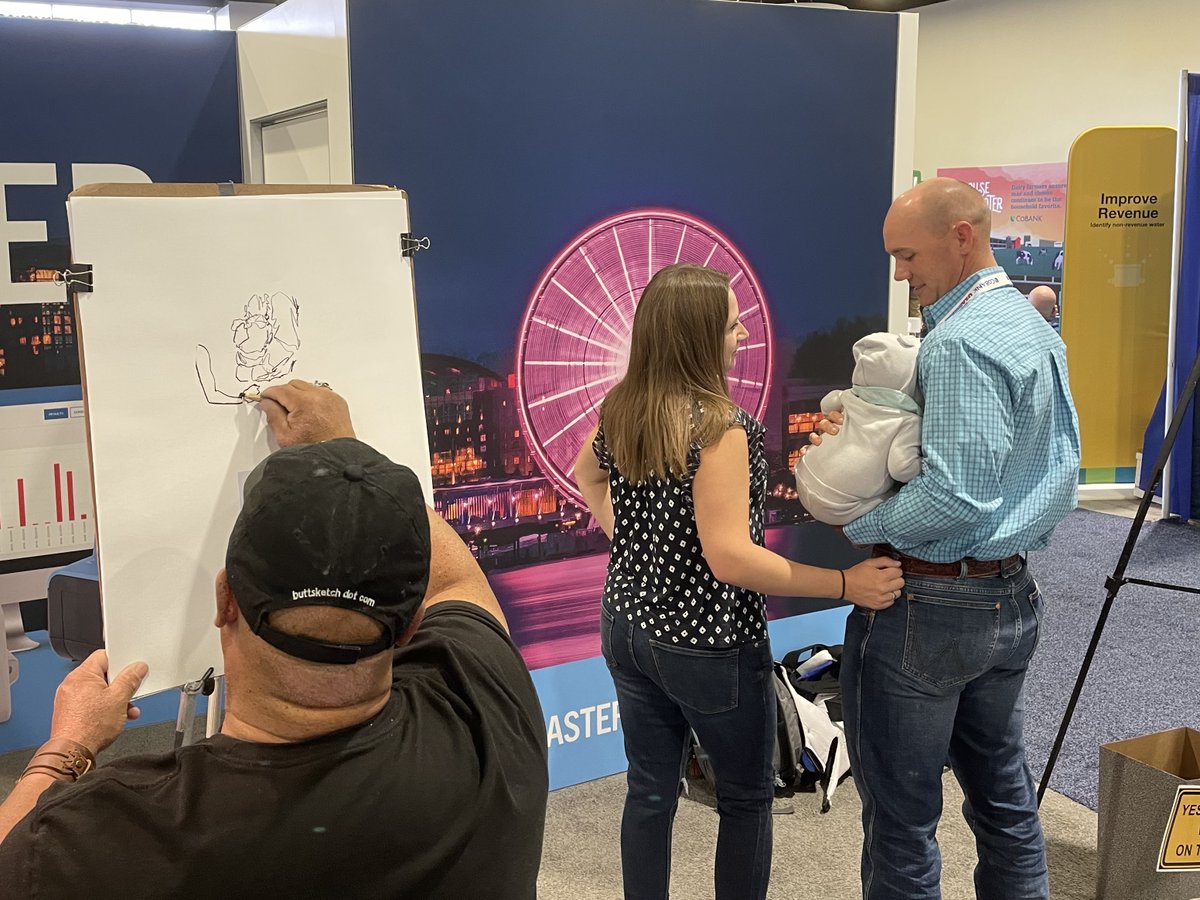 MasterMeterInc's tweet photo. We've had a great time at @NRWA's #WaterPro 2022 Conference! Hard to believe today is the last day. Don't miss your chance to #getsketched by Krandel Newton, the Original @buttsketch Artist, in #MasterMeter Booth 513! Here will be here until noon today. https://t.co/gD0UiXb5es