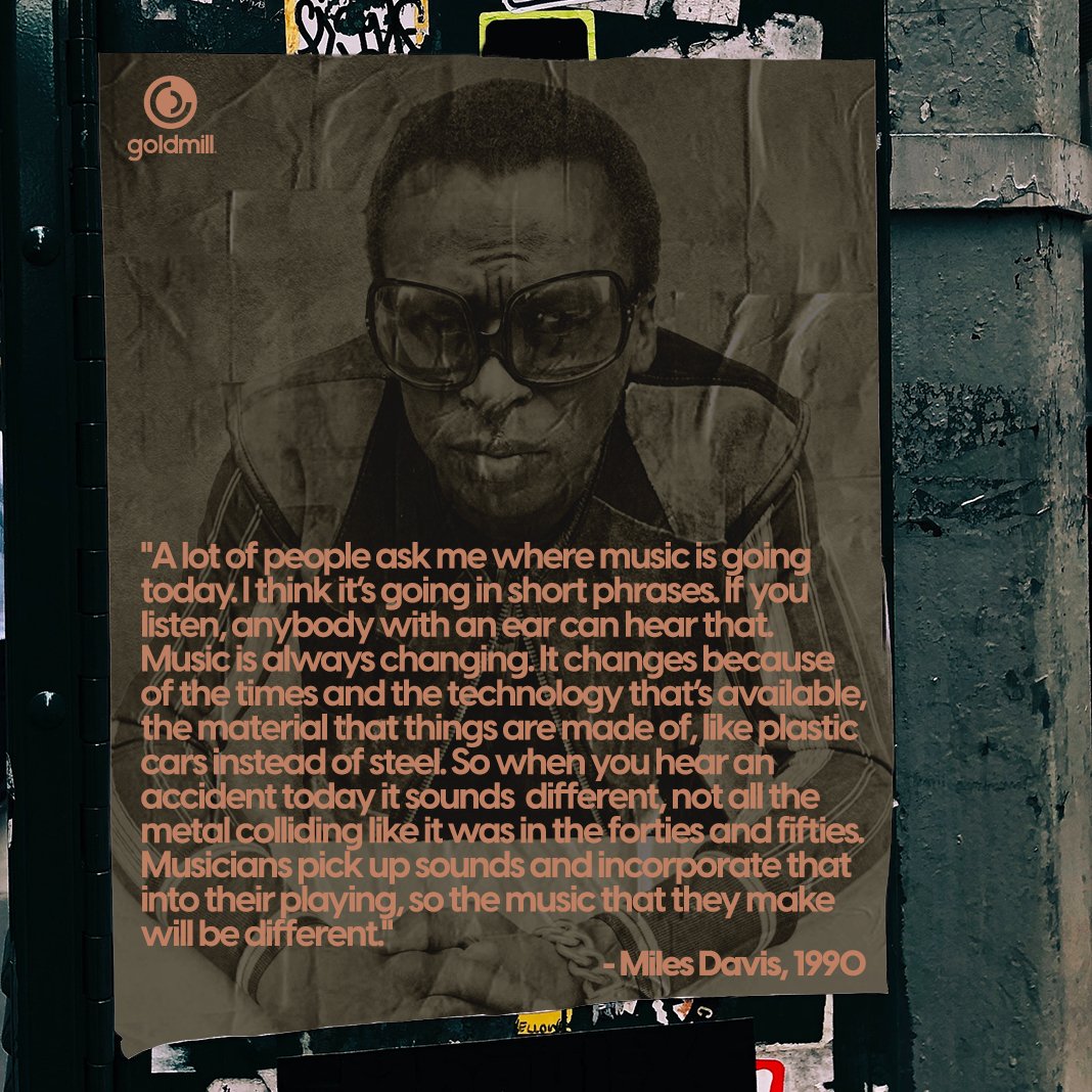 onGoldmill's tweet photo. The legend @MilesDavis died 31 years ago today (Sept 28, 1991). He's still dropping knowledge on us - even from the afterlife. How would Miles be making music in today's production landscape? What would you ask him if you had access to? #MusicKnowledge #MilesDavis #Jazz #Trumpet https://t.co/ZapI80ZJQu