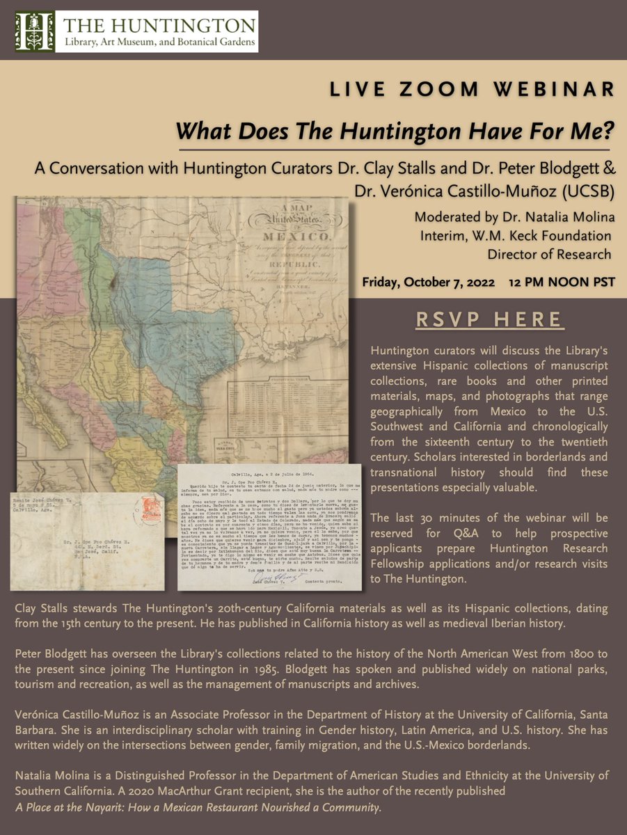 Natalia_Molina (@prof_nataliam) on Twitter photo Oct 7: I'm excited to take you #behindthescenes of <a href="/TheHuntington/">The Huntington</a>'s collections from Mexico, California, and the U.S. Southwest. If you do #borderlands or #transnational history, this webinar is for you! Come w/Qs about research visits and fellowships ✍🏽ow.ly/8Qu550KV8X0 Oct 7: I'm excited to take you #behindthescenes of <a href="/TheHuntington/">The Huntington</a>'s collections from Mexico, California, and the U.S. Southwest. If you do #borderlands or #transnational history, this webinar is for you! Come w/Qs about research visits and fellowships ✍🏽ow.ly/8Qu550KV8X0