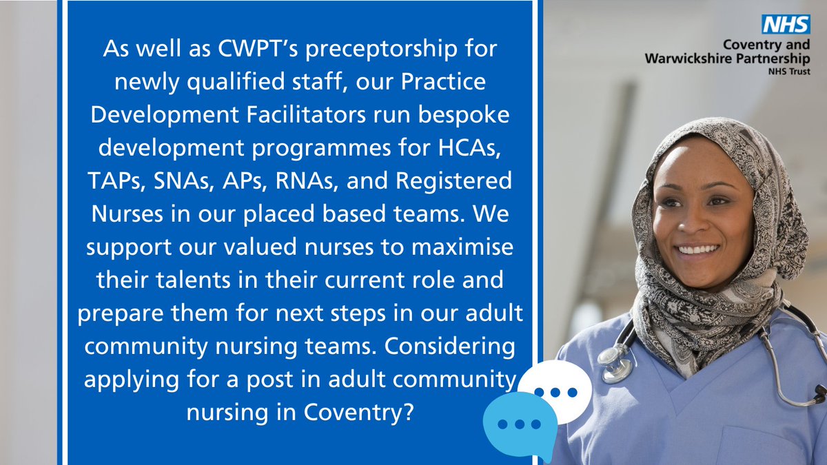 Considering applying for an adult community nursing post at CWPT? Find out how our Practice Development Team support you with career progression and maximising your potential. 🌟 Email CHW.practicedevelopmentfacilitators@covwarkpt.nhs.uk