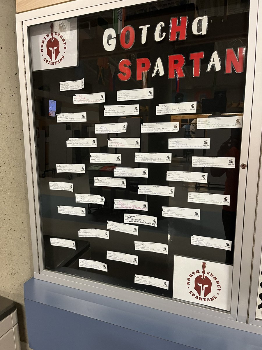 MsRacanelli's tweet photo. Gotcha Spartan is back in full swing this year @NorthSurreySec! Our students are pretty spectacular and they do awesome things around our school. These are all the Gotcha Spartans from the first few weeks of September! 🙌 So proud! 🙌 @Surrey_Schools @JB_Mahli @Di_Christensen https://t.co/GvdANkZxFL