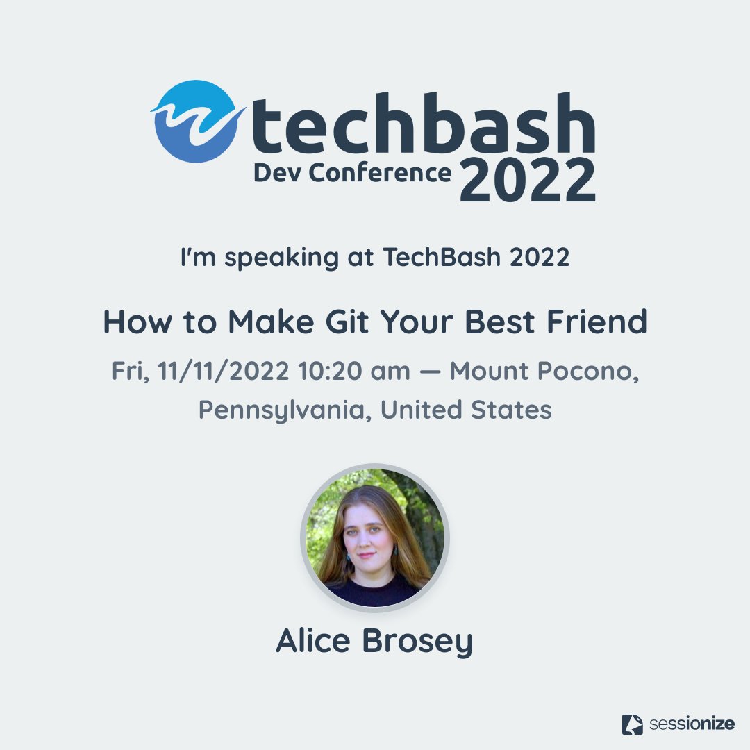 Learn how to make #git your best friend with <a href="/ambroseya/">Alice Brosey</a> at #techbash 2022.

Join us Nov 8-11 at <a href="/KalahariResorts/">Kalahari Resorts & Conventions</a> #Poconos for great sessions, speakers, and waterslides. Learn more: techbash.com

#developers #devconference #softwaredevelopment #devevents #devconf