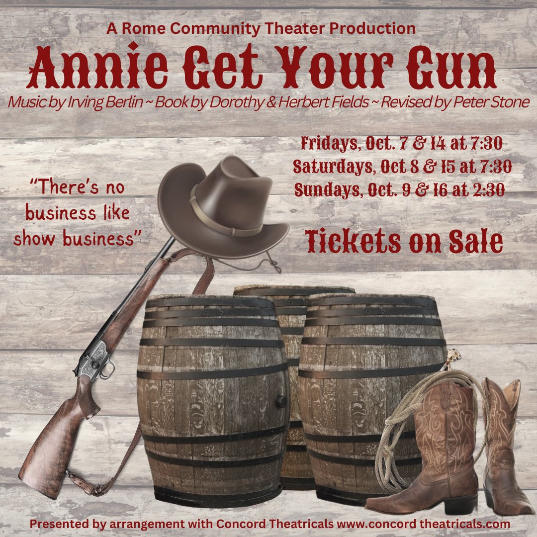 rome_theater's tweet photo. Kick up your heels to the tunes of Irving Berlin in this Tony Award Winning show (Best revival of a Musical 1999)
Tickets link in Bio
#romeny #uticany #syracuseny #oneidacountyny #mohawkvalley #oneidacountyevents #cnytheater #musical #musicaltheater #annieoakley #anniegetyourgun https://t.co/KncoV40J6j