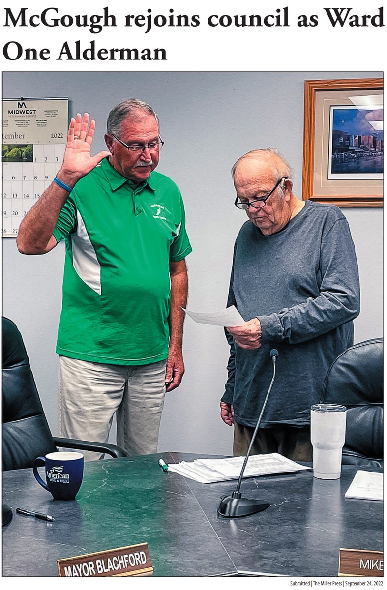 CEO_Olson's tweet photo. Spotted in @MillerPress1 : Former councilman and mayor Tom McGough was recently sworn in again as alderman for the city of #MillerSD. Welcome back Tom, and thank you for your commitment to serve in #localgov! #publicpower #communitypowered
Full story: https://t.co/G8i96Eejwk https://t.co/4pPunn3asC