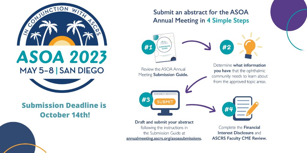 ASOAtweets's tweet photo. Submit your abstract for the 2023 ASOA Annual Meeting now through October 14th in 4 simple steps! Learn more about the process and join us in shaping the program for San Diego May 5–8. 

https://t.co/82qv4WpxIa

 #ASOA2023 #practicemangement https://t.co/JErYZj4IXm
