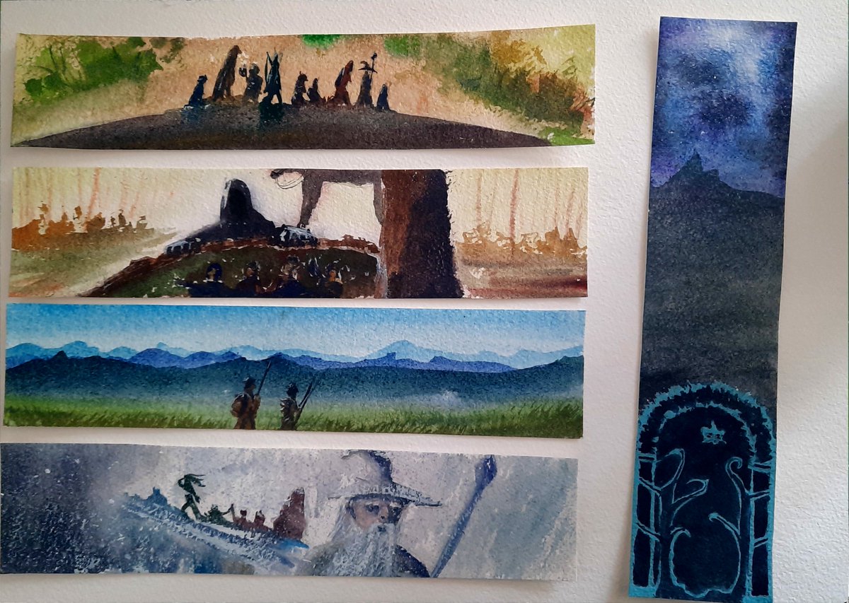 Hesitheartcat's tweet photo. Here I go painting Lord of the Rings again, someone  send help (this time it's bookmarks!)

#lordoftheringsart #lotrart #lotrartwork #fantasyartwork #fantasybookmark #lotrbookmark #fantasywatercolor #fantasyart #fellowshipofthering #lordoftheringsminiatures #lordoftherings https://t.co/HuKVUppy9E