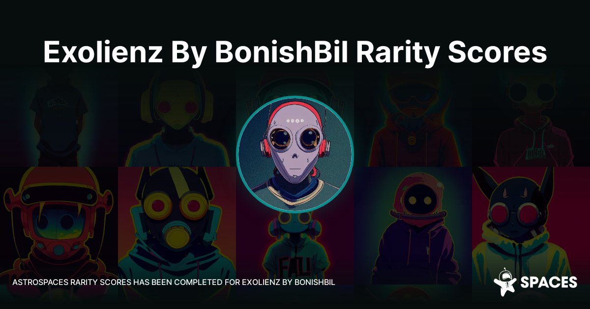 astrospacesio's tweet photo. We've completed Rarity Rankings for @Exolienz #NFT collection. 💎
Join Exolienz By BonishBil Space:
👉 https://t.co/q8s89JZXXX
View the Rarity Rankings:
👉 https://t.co/oFOJoWkP01
#ExolienzByBonishBil #EXOZ $EXOZ https://t.co/0I0gH3pVoe