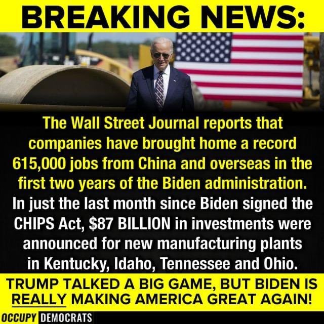 Thanks President Biden for bringing home a record 615,000 jobs from China. Thanks Joe Biden: - $87 Billion Investment in NEW Manufacturing Plants - More Jobs for Kentucky, Idaho, Tennessee & Ohio 🇺🇸 Thanks President Joe Biden. 🌊 #BidenDeliversAGAIN