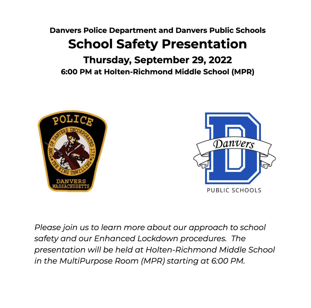 Tweet_DPS's tweet photo. Join us tomorrow night at Holten-Richmond Middle School @ 6 p.m. to learn about DPS approach to school safety and Enhanced Lockdown procedure for the 22-23 SY 🏫

#DPS #HRMS #schoolsafety #DPD https://t.co/PqAciCDohr