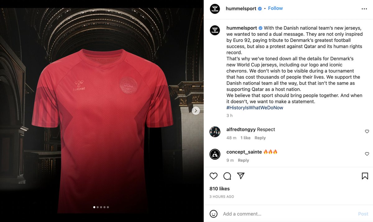 Footballtweet's tweet photo. Denmark's kit sponsor Hummel sends a strong message ahead of the World Cup in Qatar. 👏🇶🇦🇩🇰 https://t.co/EXBo9hRBeM