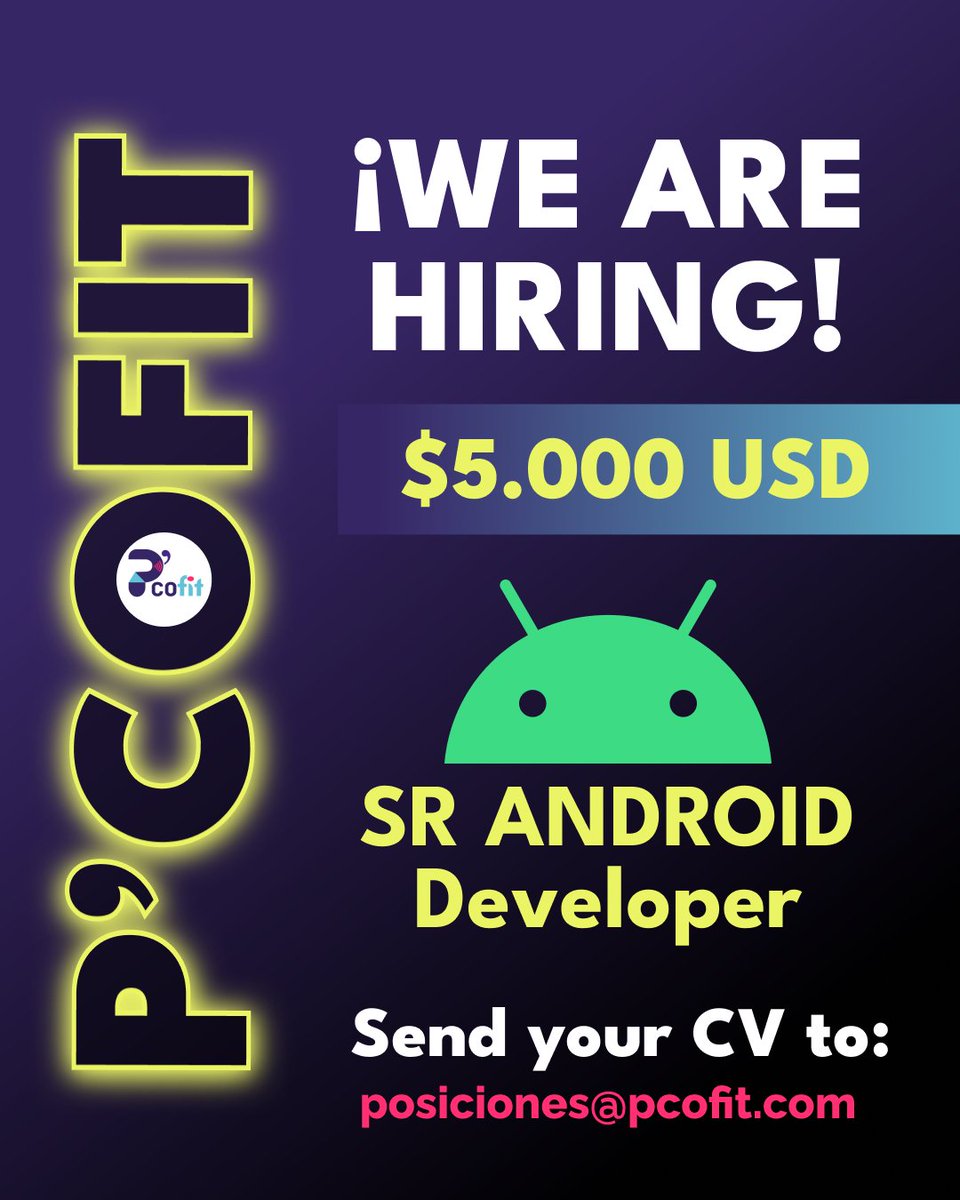 Pcofit's tweet photo. #Job Nueva oportunidad laboral en #LATAM para trabajar 💯% en #remoto con clientes de #USA y #Canada Así que, si eres 1 experto en el desarrollo mobile con #Android ¡No dejes pasar esta oportunidad, te esperamos❗
#hiring #JobSeekersSA #vacancy #work #rrhh #programador #developer https://t.co/WsUoIwBx68