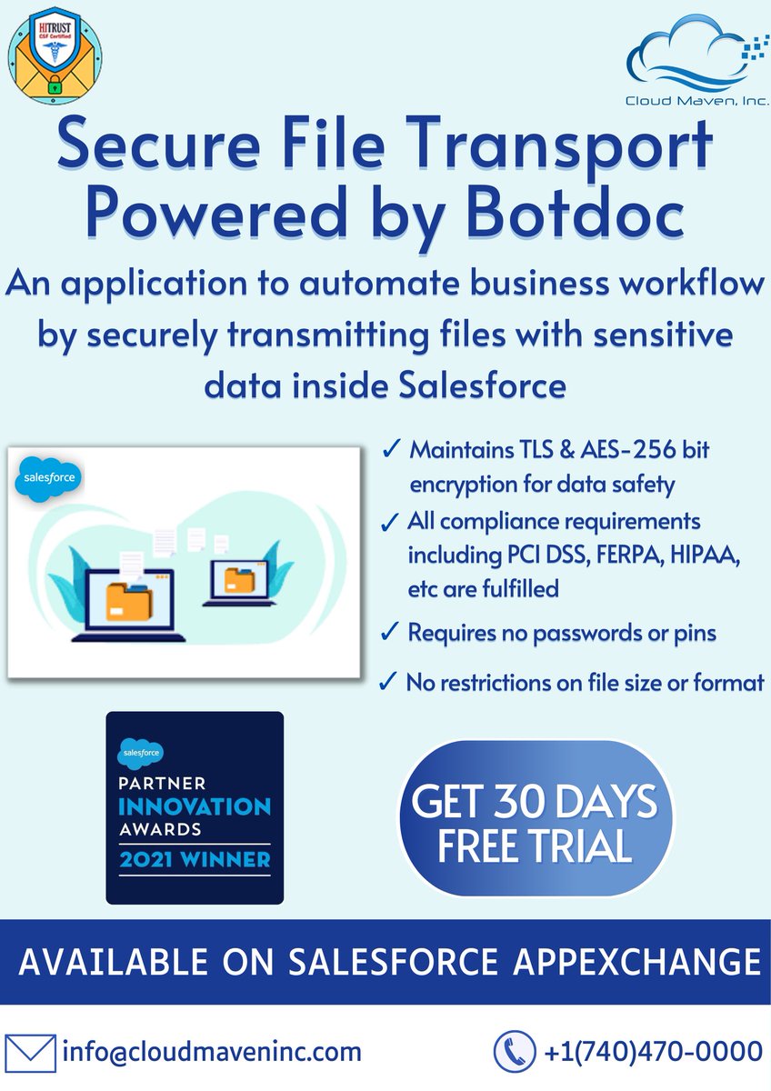 CloudMavenInc's tweet image. Create a secure environment while transmitting sensitive data through #SecureFileTransport powered by #BotDoc inside #Salesforce. No pins, no password &amp;amp; no heavy software to download, just Secure File transport.
Get the app: sforce.co/2Y5KjiZ
#CloudMavenInc #AppExchange
