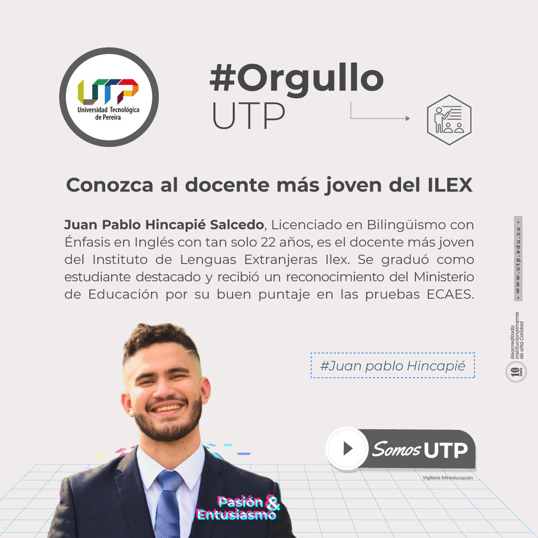 UTPereira's tweet photo. Hoy les queremos presentar a Juan Pablo, quien es el docente más joven del ILEX #UTPereira 😀
Lean la nota que le hicieron en #CampusInforma a este #Teso que nos llena de #OrgulloUTP
https://t.co/KmBXBUYgLN
#UniversoUTP #UTPavanza #SoloEnLaUTP https://t.co/dk3LaBC4JX