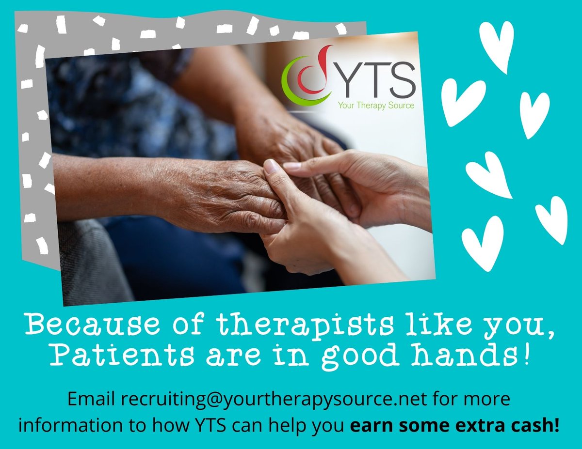 YTSource's tweet photo. Are you interested in PRN work?  YTS is hiring PT/OT/ST/RN to help serve our patients. email recruiting@yourtherapysource.net for more information. https://t.co/A5iVEm3JER