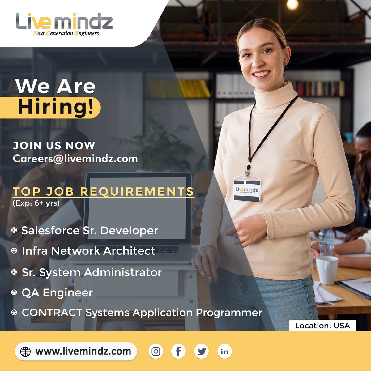 Livemindz1's tweet photo. Looking for a job? Join LiveMindz Today! LiveMindz Team is currently looking for candidates for the following jobs. Send an email to careers@livemindz.com 

 #team #job #careers #jobs #qaengineer #livemindz #hiring #systemengineer https://t.co/dOBzhXIoc1
