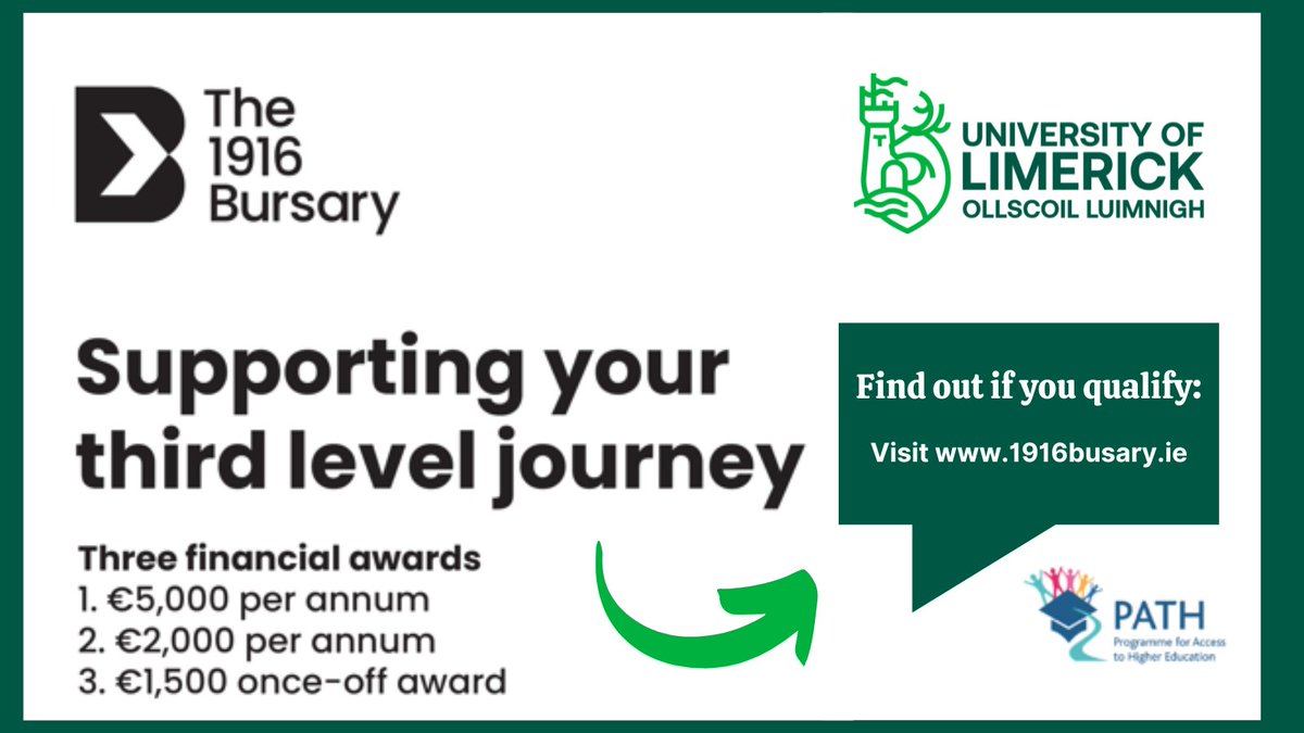 <a href="/UL/">University Of Limerick</a> Student Affairs Division is delighted to advise students that the 1916 Bursary Award is now open.
Find out more at 1916bursary.ie Please share. #HeretoHelp #StudyAtUL