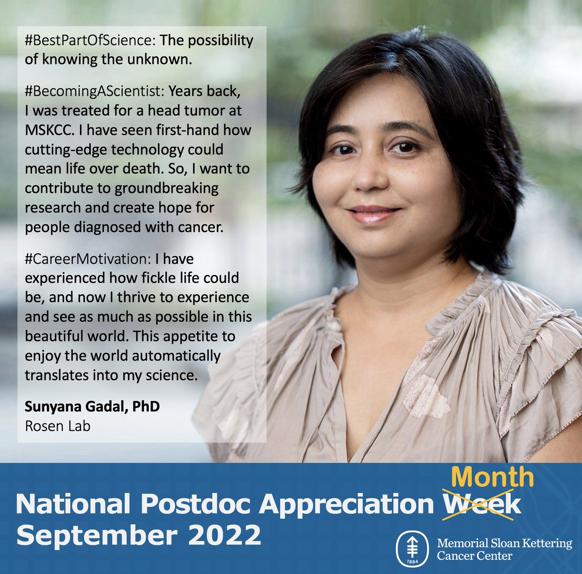 MSKEducation's tweet photo. #NPAW2022 #ThursdayInspiration: first-hand experience with cancer led #MSKPostdoc Sunyana Gadal from the @Rosenlab1 Lab to become a scientist. Today she studies tumor adaptation upon inhibition of oncogenic driver.🇳🇵 https://t.co/1Kb1l2Qoc7