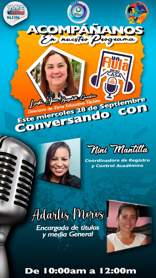 #AlAire 
94.5 Fm 
<a href="/YvkeTachira/">Yvke Tachira</a> 

Programa radial Un Aula en su Casa 🎙🎧📻

Espacio comunicacional a cargo de la profesora <a href="/Berzabethg1/">Berzabethgandicaoficial</a> 

<a href="/MPPEDUCACION/">MPPEDUCACION</a> 
<a href="/_LaAvanzadora/">Yelitze Santaella</a> 
<a href="/Gob_Tachira/">Gobernación del estado Táchira</a> 
<a href="/supervisionZET1/">SupervisionZET</a>