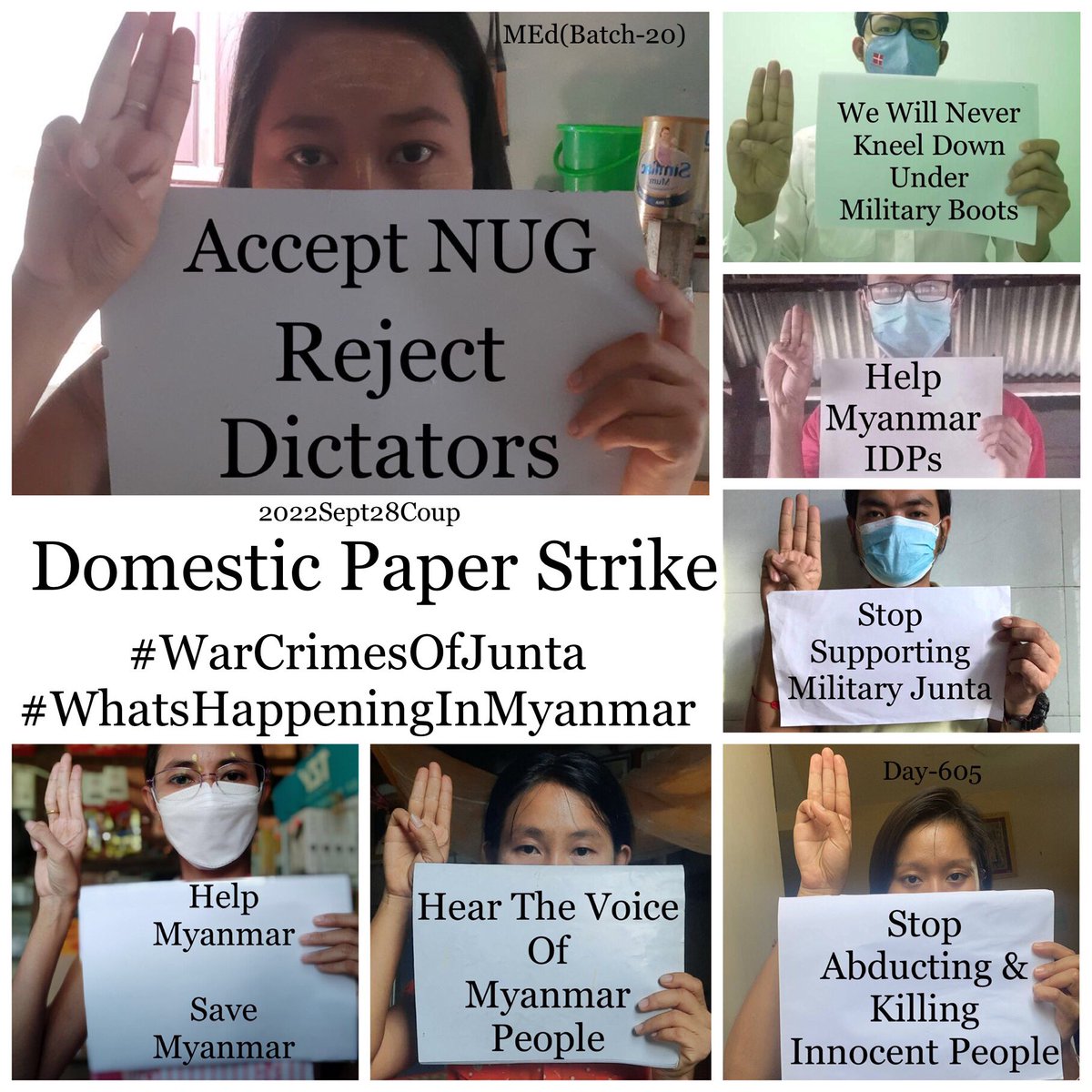 7 CDMer teachers, MEd [Batch-20], from Sagaing University of Education staged an anti-coup revolutionary domestic strike as 605th day without a day off.

#2022Sept28Coup #WarCrimesOfJunta #WhatsHappeningInMyanmar