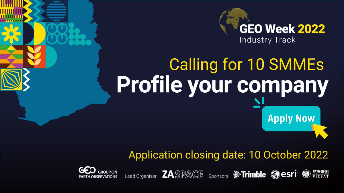ZASpace_Inc's tweet image. Company Profile slots are open to all SMMEs across the globe! Apply to profile your business at this years GEO Week industry Track!  

Click to apply: forms.gle/pQPYDuYcM7sx6A…
Applications close: 10 Oct 22

#GEOWeek22Industry 

@piesat1 
@Esri 
@TrimbleCorpNews 
@GEOSEC2025