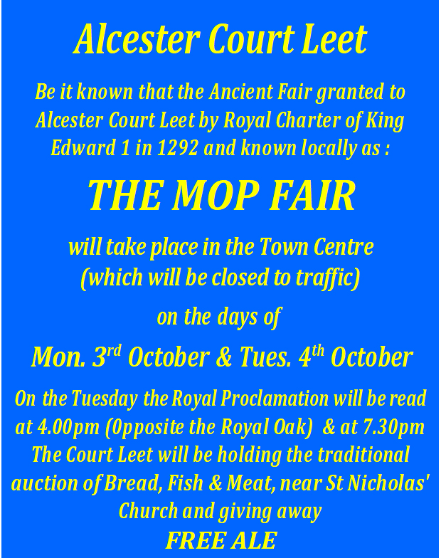 AlcesterTown's tweet photo. ๐ขRemember it's the Alcester Mop Fair at the beinning of next week!
Temporary road closures will apply from Sunday 2 October 5pm until Wednesday 5 October at 6am to Henley St, Church St, Meeting Lane and High St.
#alcestermop #amazingalcester #alcestercourtleet https://t.co/RwGtqOKalT