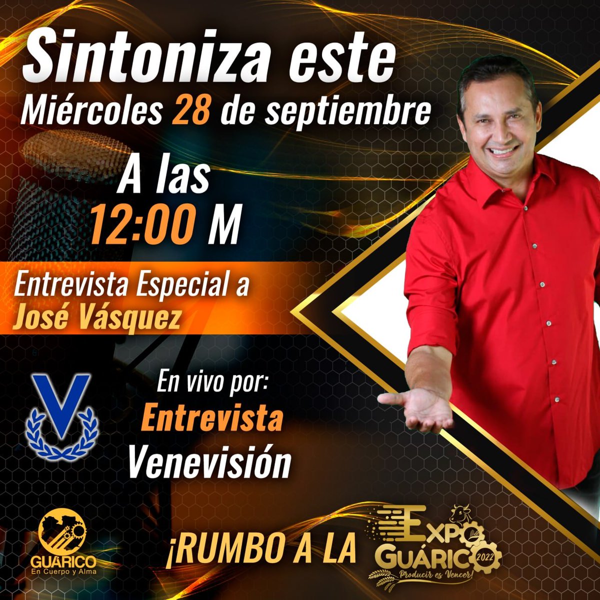#EpaCiudadano📢 Sintoniza este miércoles 28 de septiembre a las 12:00 M 🕛, Entrevista en vivo 🔴 por <a href="/noticierovv/">Noticias Venevision</a> a nuestro líder regional <a href="/josemvasquez/">José Vásquez</a> 

¡Rumbo a la Expo Guárico 2022!

#Guárico
#VenezuelaSeCreceEnAmor
#VamosPaLante