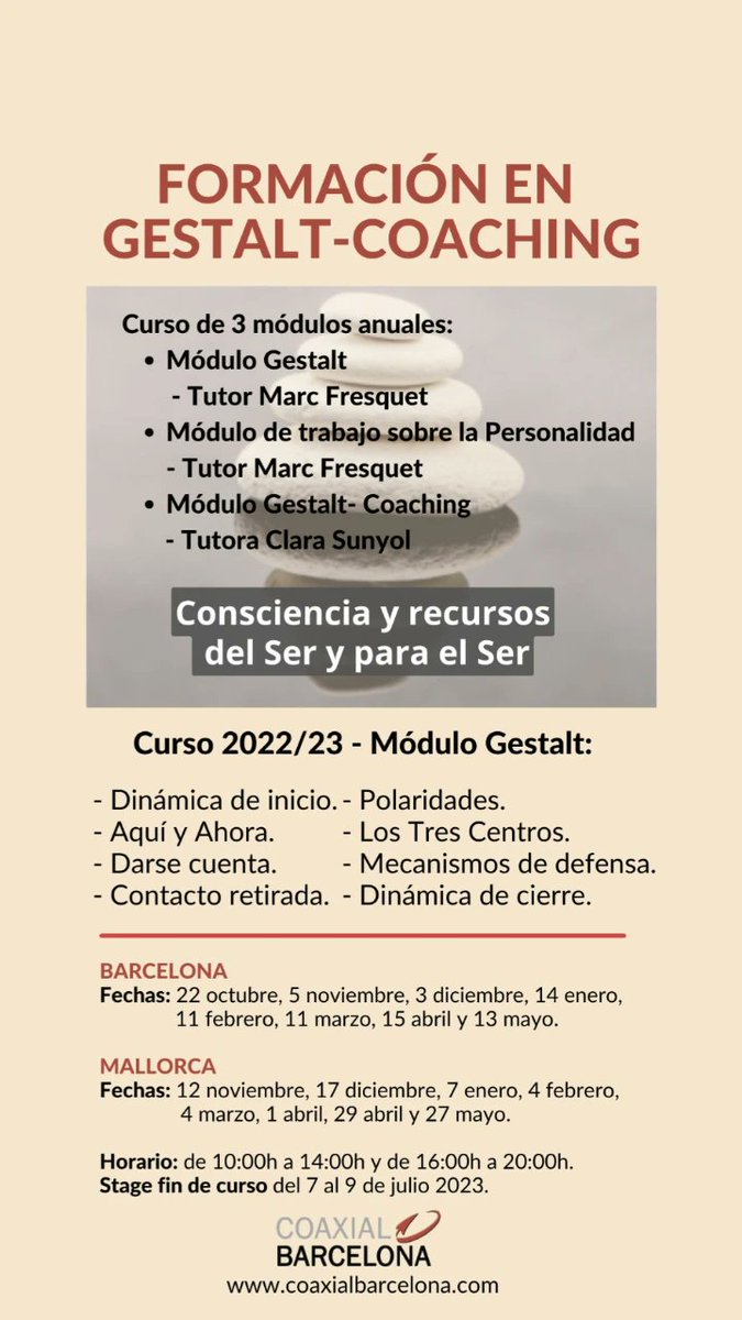 CoaxialCoaching's tweet photo. Este curso consta de 3 módulos, cada módulo consta de 8 sesiones anuales impartidas en sábados
💡 Módulo Gestalt
💡 Módulo de trabajo sobre la Personalidad
💡 Módulo Gestalt-Coaching

👇Si aún no has reservado tu plaza, todavía estás a tiempo
https://t.co/uu8NcRHGT1
#Gestalt https://t.co/kWo5Kl4Dpw