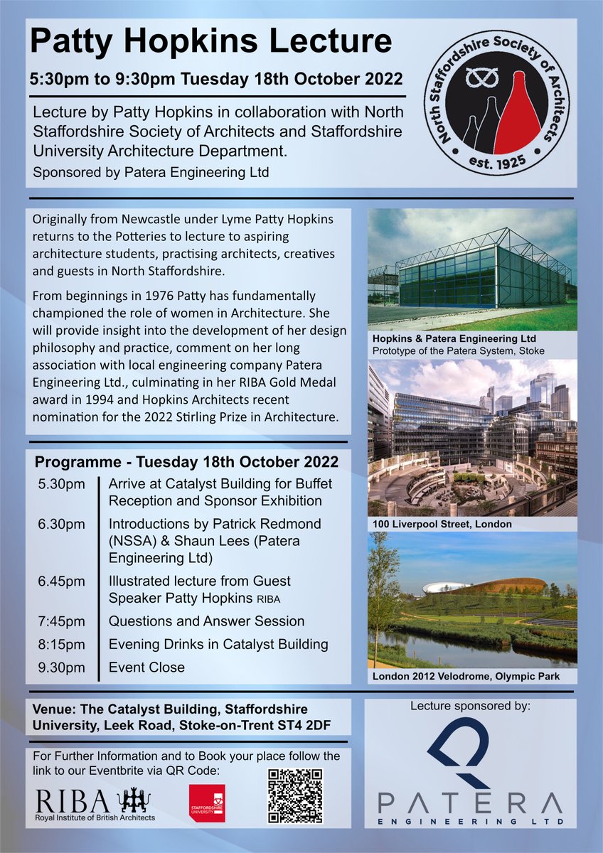 Join the <a href="/NSSARIBA/">NSSA</a> for an evening lecture by Patty Hopkins at Staffordshire University on 18th October 2022 | 5:30pm to 9:30pm.

Sponsored by Patera Engineering Ltd

Eventbrite link: tinyurl.com/2s3fdzfa

Further details below.
<a href="/riba/">Royal Institute of British Architects</a> <a href="/ribawestmids/">RIBA West Midlands</a> <a href="/pateraeng/">pateraengineeringltd</a> <a href="/staffsuni_dta/">Digital, Technologies & Arts</a>