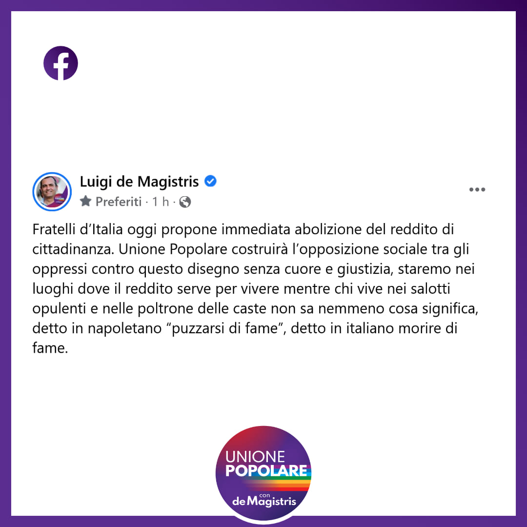 Il governo Meloni non è nemmeno iniziato e già l'andazzo è chiarissimo: togliere a chi ha bisogno pur di tutelare chi ha già troppo.

Ci aspettano anni difficili, pieni di battaglie per i diritti. Dobbiamo costruire un'opposizione forte, un'opposizione che parli al paese reale.