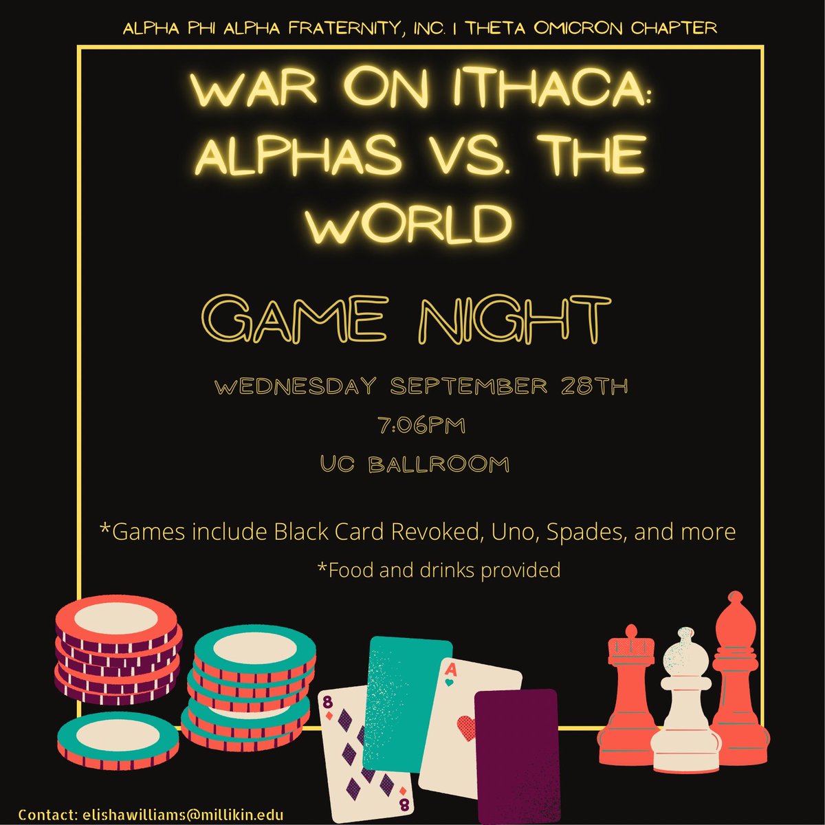 Day 3 of Alpha Week is here!! Come join us tonight at 7:06 pm in the UC Ballroom for a night of games, snacks, and laughs! 🤙🏿