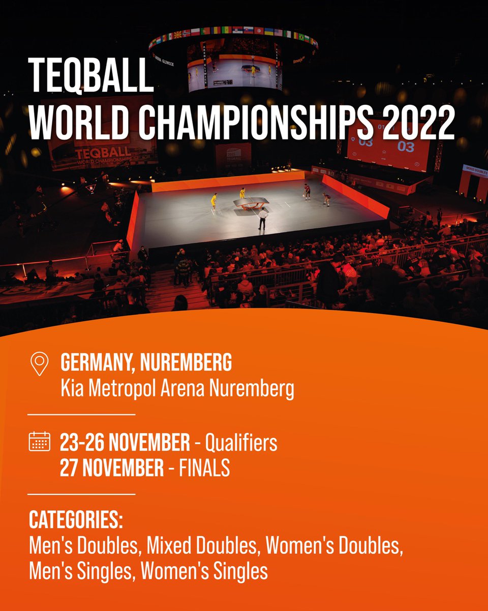 🏆2022 Teqball World Championships announcement!🏆
•
Nuremberg, #Germany 🇩🇪
Kia Metropol Arena 🏟
23-27 November 🗓
•
Don’t miss the electric atmosphere at the pinnacle of the teqball calendar!
•
Follow more info 👉 fiteq.org/news/-314
•
#Teqball #TeqballWCH #Nuremberg
