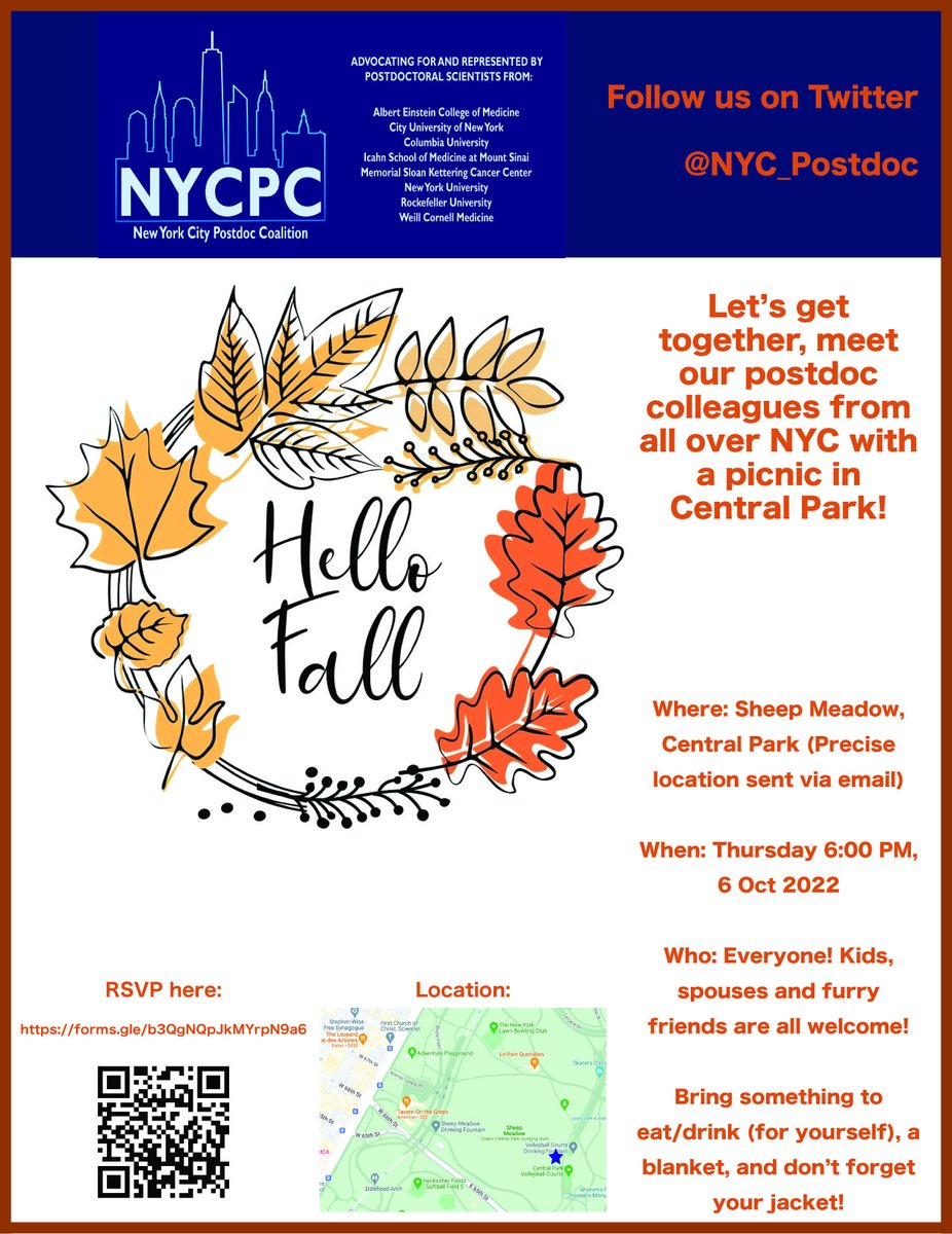 NYC_Postdoc's tweet image. Due to the big success of the previous picnic, where all big research institutions were represented, we are back by demand.
This is a great opportunity to connect with your peers from all over town!!
When: Thursday October 6th, start at 6.00PM
Where: Sheep Meadow, Central Park