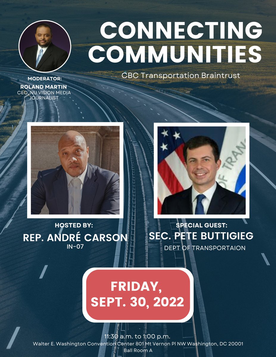 Important conversation happening this week with <a href="/RepAndreCarson/">André Carson</a> and <a href="/PeteButtigieg/">Pete Buttigieg</a> exploring the links between equity and transportation—and what the new Bipartisan Infrastructure Law makes possible.