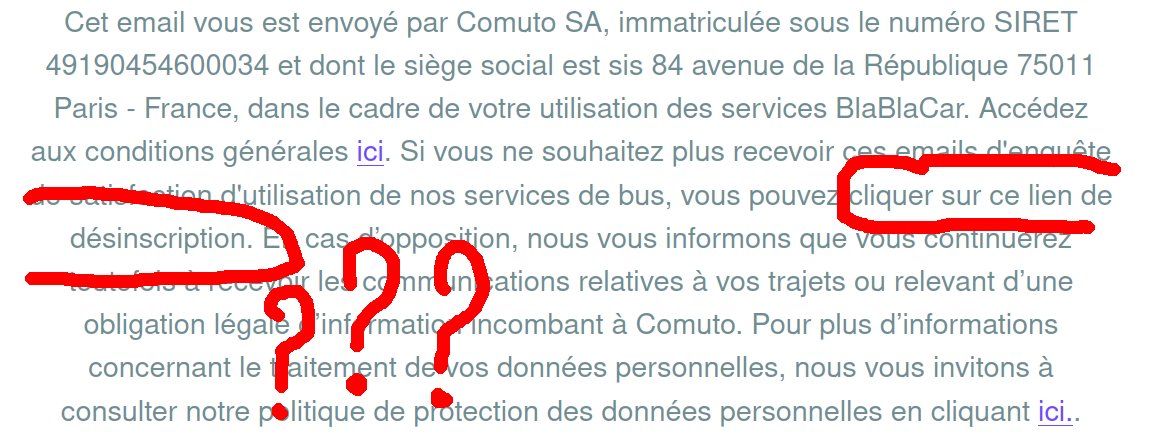 UnSeulT's tweet photo. Un trajet en car @BlaBlaCar_FR, un mail d'enquête de satisfaction. Le lien de désinscription ? Pas là. 
Le lien "politique de protection des données" ? Une 404 avec cyniquement le bandeau cookies "Le respect de votre vie privée nous tient à cœur". Mais bien sûr. Allo @CNIL ? https://t.co/uT9TNjNIiz