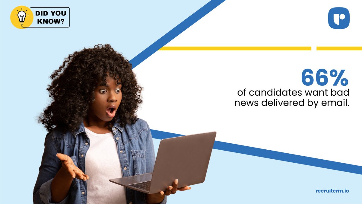 MishaTarang's tweet photo. Hey, if you've got candidates to reject, always know emails are the best way to do it. Pick up the phone when you've got good news to deliver.

#recruitmenttrivia #trivia #recruitcrm #didyouknow https://t.co/TOprV0A1sG