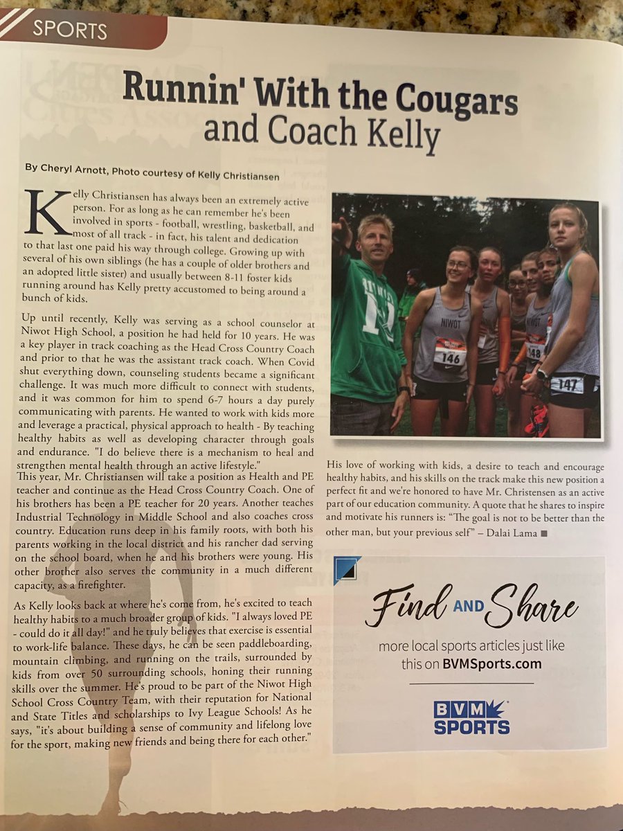 niwotathletics's tweet photo. A nice article in the Living Southwest Longmont Magazine on Head Cross Country Coach Kelly Christensen. A truly outstanding coach and an even better person. @NiwotHS @NiwotBoosters @goSVVSD #StVrainStorm https://t.co/NkcslAqGoh