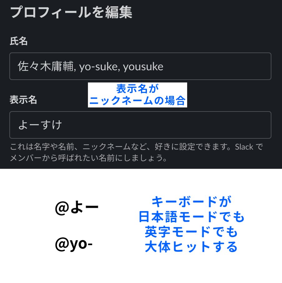 yosapro's tweet photo. Slackをお使いの皆さんへ
プロフィールの「表示名」は本名やニックネームなど表示したい字体で登録すると思うのですが、「氏名」の欄は「表示名のローマ字表記」で登録がオススメ！

相手がメンションのために"@"と打った後、どちらからも検索ができるので、とても親切です https://t.co/Ud5hg6xrlA