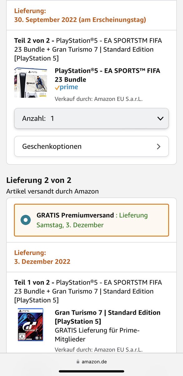 moedee's tweet photo. @PS5_BOTs Bei mir sieht’s das so aus. Bedeutet dies, das FIFA 23 am 30. September und die PS 5 inkl. GT 7 erst am 03. Dezember geliefert wird? https://t.co/pPF5B0HQ2z