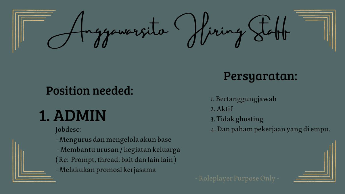 ️
️️
️️ㅤ
                H I R I N G  S T A F F
          ────────────
                 ᴿᵒˡᵉᵖˡᵃʸᵉʳ ᴾᵘʳᵖᵒˢᵉ ᴼⁿˡʸ
ㅤㅤ⠀⠀
️️
️