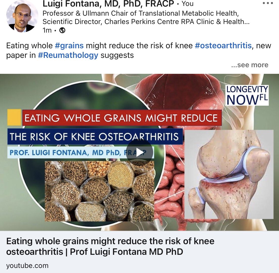 LuigiFontanaMD's tweet photo. Eating whole #grains might reduce the risk of knee #osteoarthritis, new paper in #Reumathology suggests
#LongevityNOW-FL by Prof Luigi Fontana MD PhD
https://t.co/E6NpOXeppI https://t.co/KZ0k7aSWuc