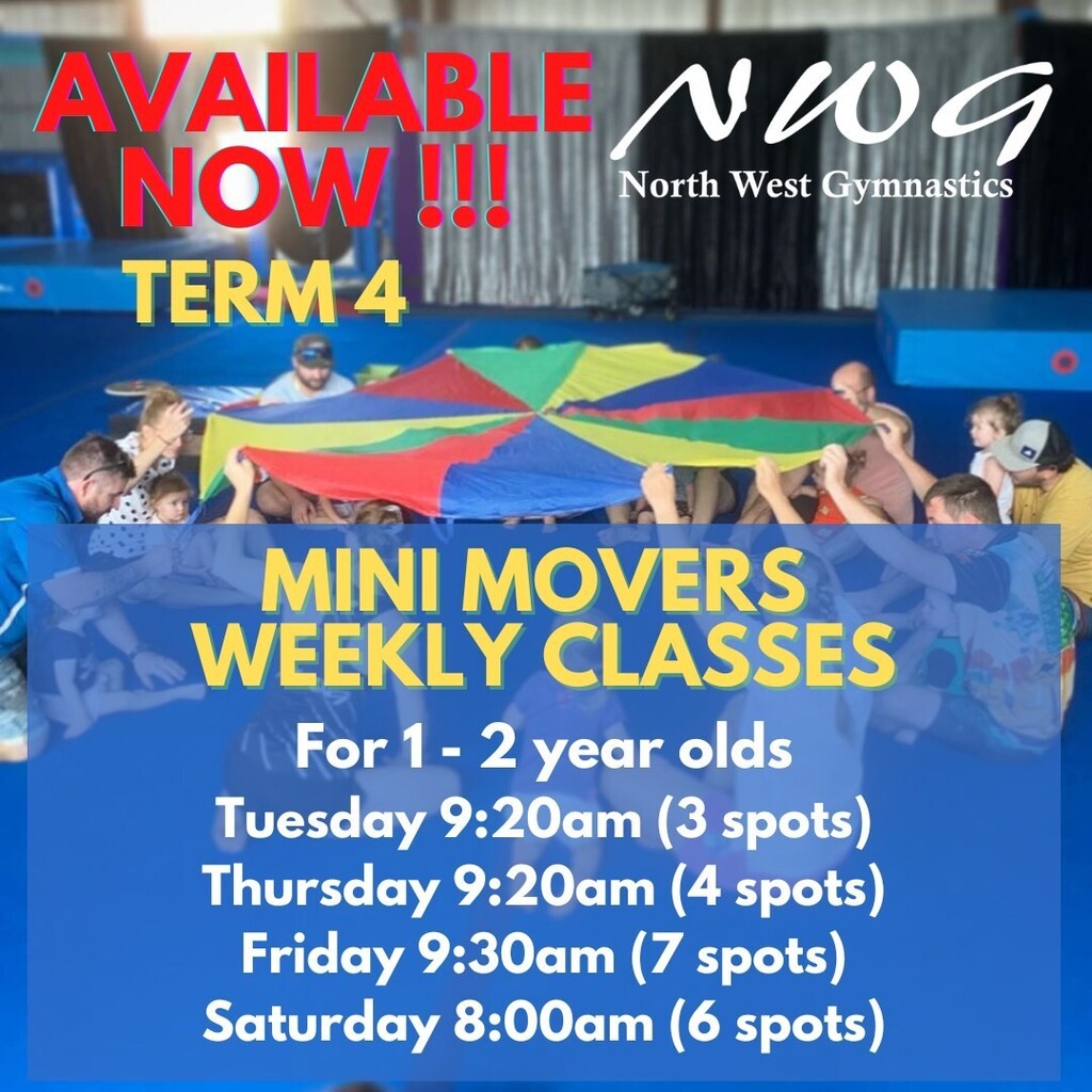 NWGMountIsa's tweet photo. Have you got a little person with energy to burn?

North West Gymnastics has great class options available for Under 5's and Term 4 Kicks off in 7days.

Read below for more class info and booking links

👩‍👧Mini Movers walking - 3.5 years
Book Now !
… https://t.co/PxTl3uOKXJ https://t.co/ZLITxv4Isu