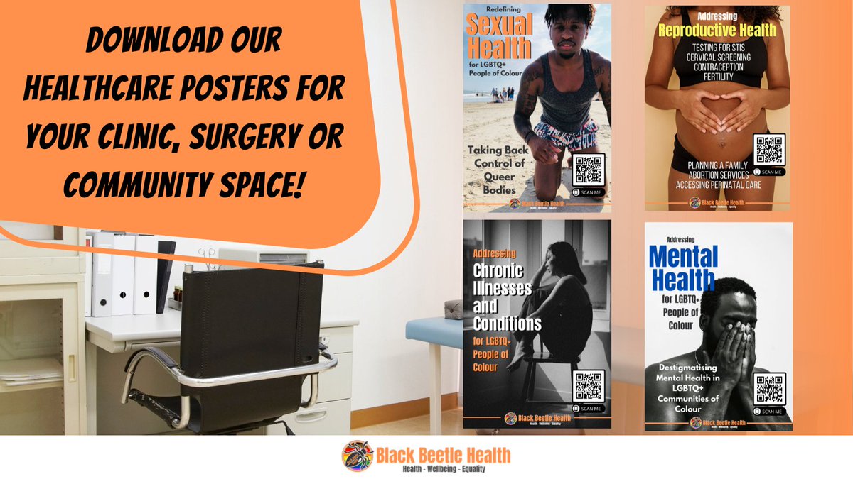 Work in a clinic, surgery or community space? We've launched downloadable posters of ALL our LGBTQ+ BPoC resources - from mental health, to chronic illnesses. Scan a poster QR code and you'll be taken to one of our guides, packed with support and info! blackbeetlehealth.co.uk/posters