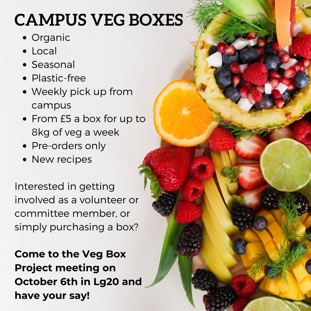 CCCUSCN's tweet photo. Interested in having a veg box scheme
on campus? There's a meeting on October 6th at 3pm in Lg20 to put together a group of supporters!
#cccu #hellochristchurch #cccuproud #sustainability #vegbox #healthyeating https://t.co/9CbyuZyB7r