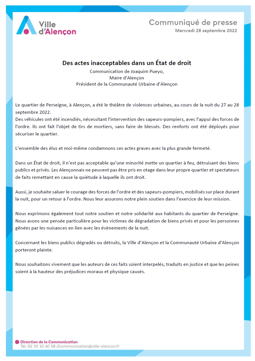 Joaquim_PUEYO's tweet photo. Cette nuit, #Alencon a connu un épisode de violences urbaines.
Ce sont des actes inacceptables dans un Etat de droit.
Nous souhaitons vivement que les auteurs de ces faits soient interpellés et traduit en justice. https://t.co/PbGzB7Nzzr